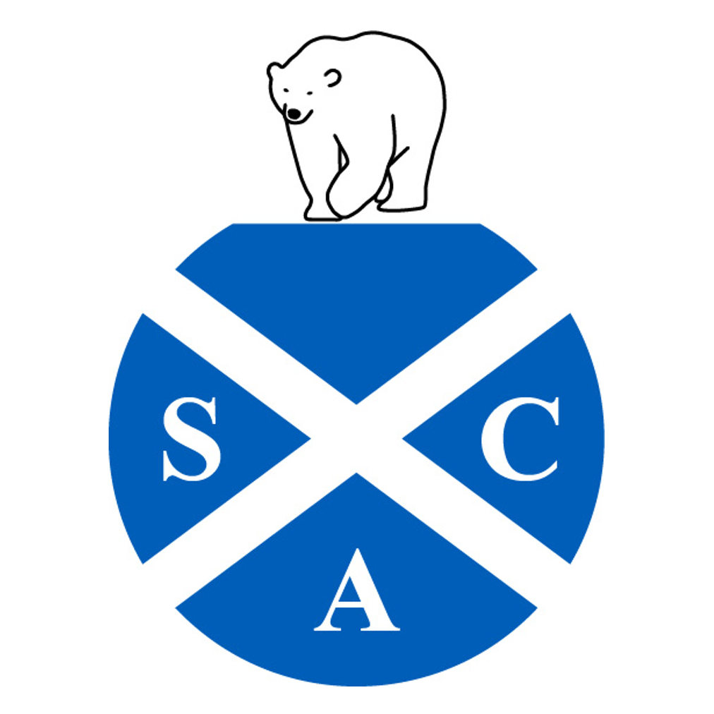 A polar bear on top of a circular Scottish flag with the letters S A C which is the Scottish Arctic Club logo